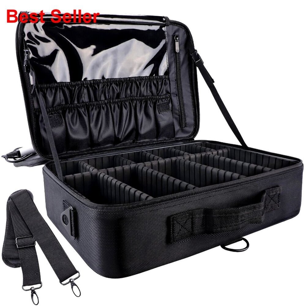 Large Travel Makeup Train Case with Adjustable Dividers and Shoulder Strap